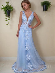 Bridesmaide Dress Colors, A-Line/Princess V-neck Floor-Length Tulle Prom Dresses With Appliques Lace