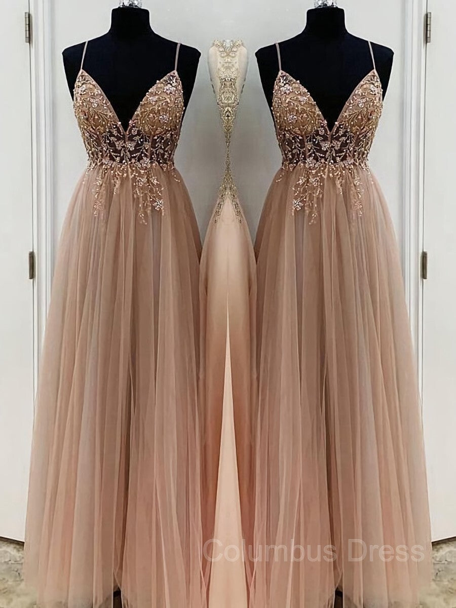 Party Dresses With Boots, A-Line/Princess V-neck Floor-Length Tulle Prom Dresses With Beading