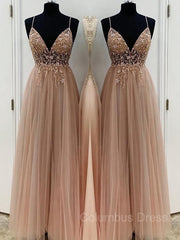 Party Dresses With Boots, A-Line/Princess V-neck Floor-Length Tulle Prom Dresses With Beading