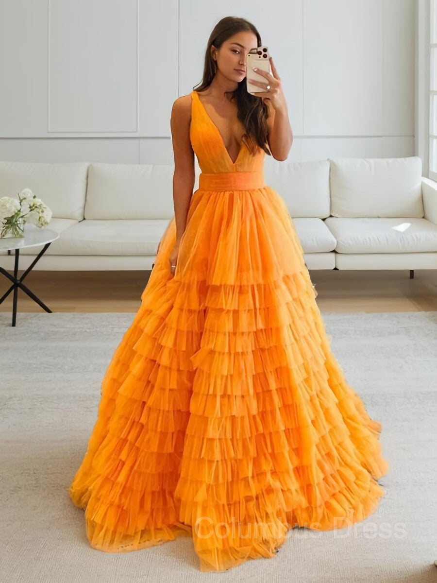 Formal Dress Winter, A-Line/Princess V-neck Floor-Length Tulle Prom Dresses With Ruffles