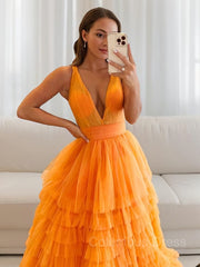 Formal Dresses For Winter, A-Line/Princess V-neck Floor-Length Tulle Prom Dresses With Ruffles