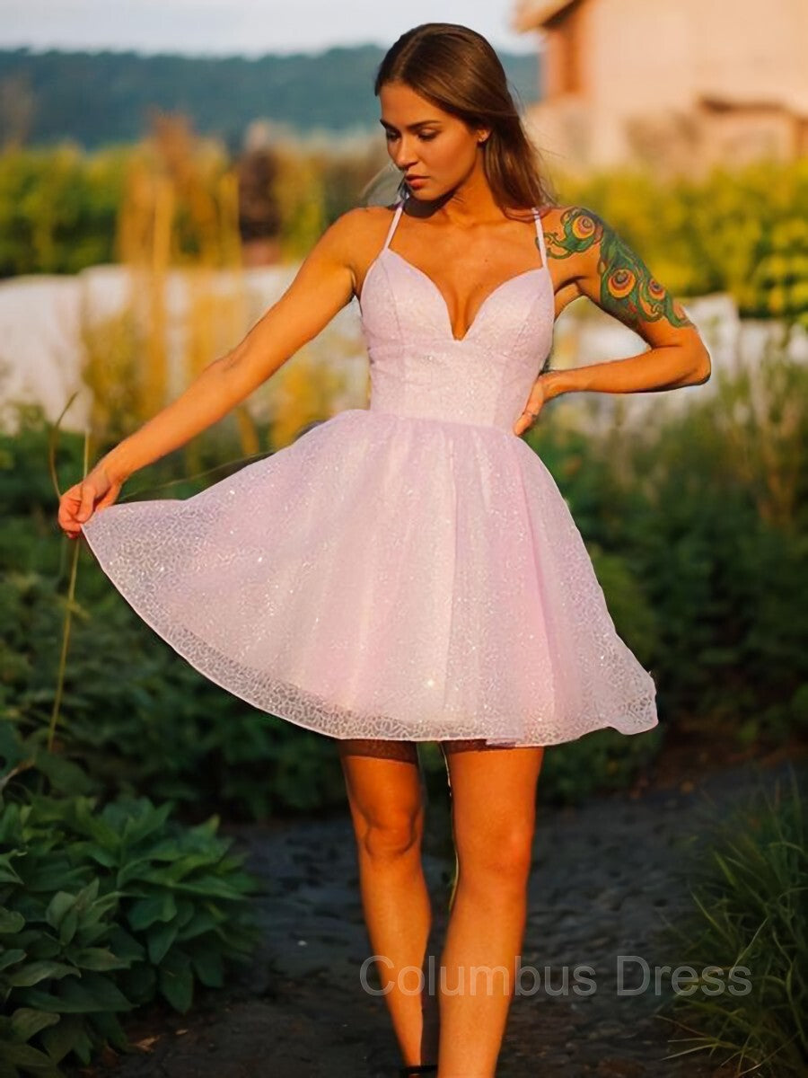 Party Dresses Cocktail, A-Line/Princess V-neck Short/Mini Lace Homecoming Dresses