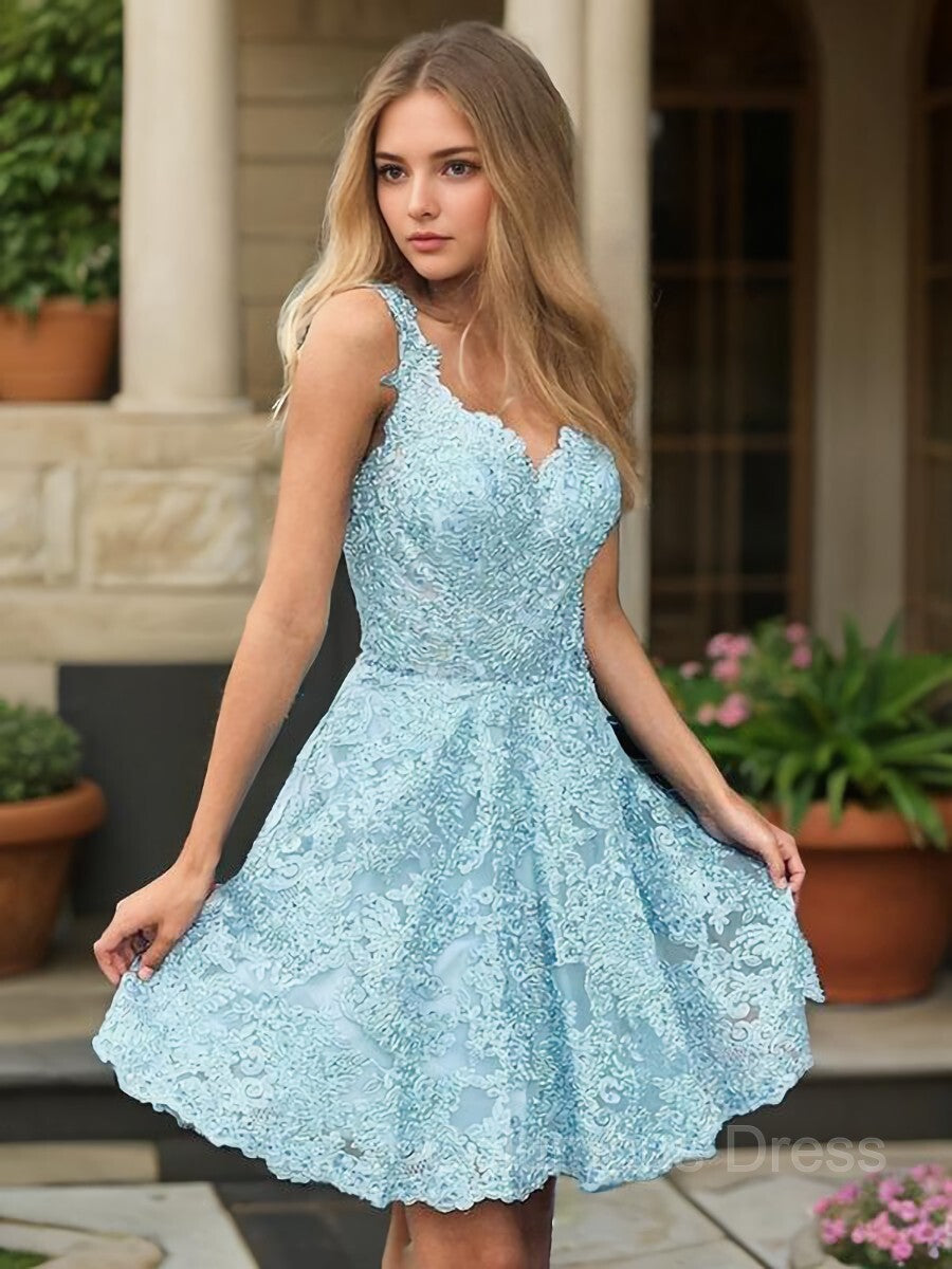 Bridesmaid Dresses Colorful, A-Line/Princess V-neck Short/Mini Lace Homecoming Dresses