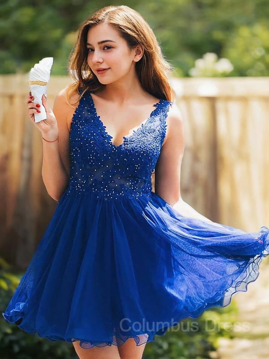 Party Dress Online Shopping, A-Line/Princess V-neck Short/Mini Tulle Homecoming Dresses