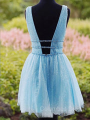 Bridesmaides Dresses Summer, A-Line/Princess V-neck Short/Mini Tulle Homecoming Dresses