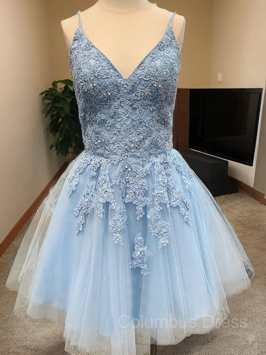 Party Dresses Vintage, A-Line/Princess V-neck Short/Mini Tulle Homecoming Dresses With Appliques Lace