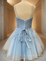 Party Dress Vintage, A-Line/Princess V-neck Short/Mini Tulle Homecoming Dresses With Appliques Lace