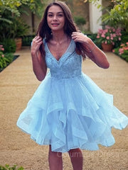 Bridesmaid Dress Idea, A-Line/Princess V-neck Short/Mini Tulle Homecoming Dresses With Cascading Ruffles