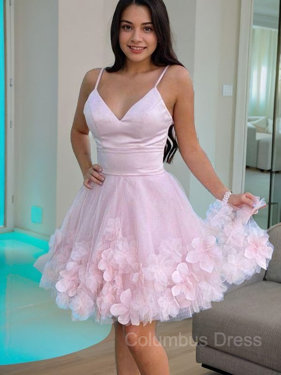 Prom Dresses 2047 Long, A-Line/Princess V-neck Short/Mini Tulle Homecoming Dresses With Flower