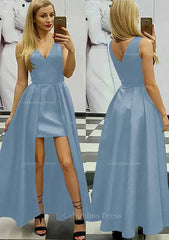 Party Dress Renswoude, A-line/Princess V Neck Sleeveless Asymmetrical Satin Prom Dress With Pleated