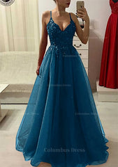 Bridesmaids Dress Beach, A-line/Princess V Neck Sleeveless Long/Floor-Length Prom Dress With Appliqued Beading