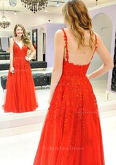 Homecomming Dresses Fitted, A-line/Princess V Neck Sleeveless Long/Floor-Length Tulle Prom Dress With Appliqued