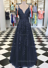 Homecoming Dress Tights, A-line/Princess V Neck Sleeveless Long/Floor-Length Tulle Prom Dress With Appliqued