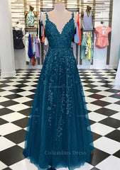 Homecoming Dress Tight, A-line/Princess V Neck Sleeveless Long/Floor-Length Tulle Prom Dress With Appliqued