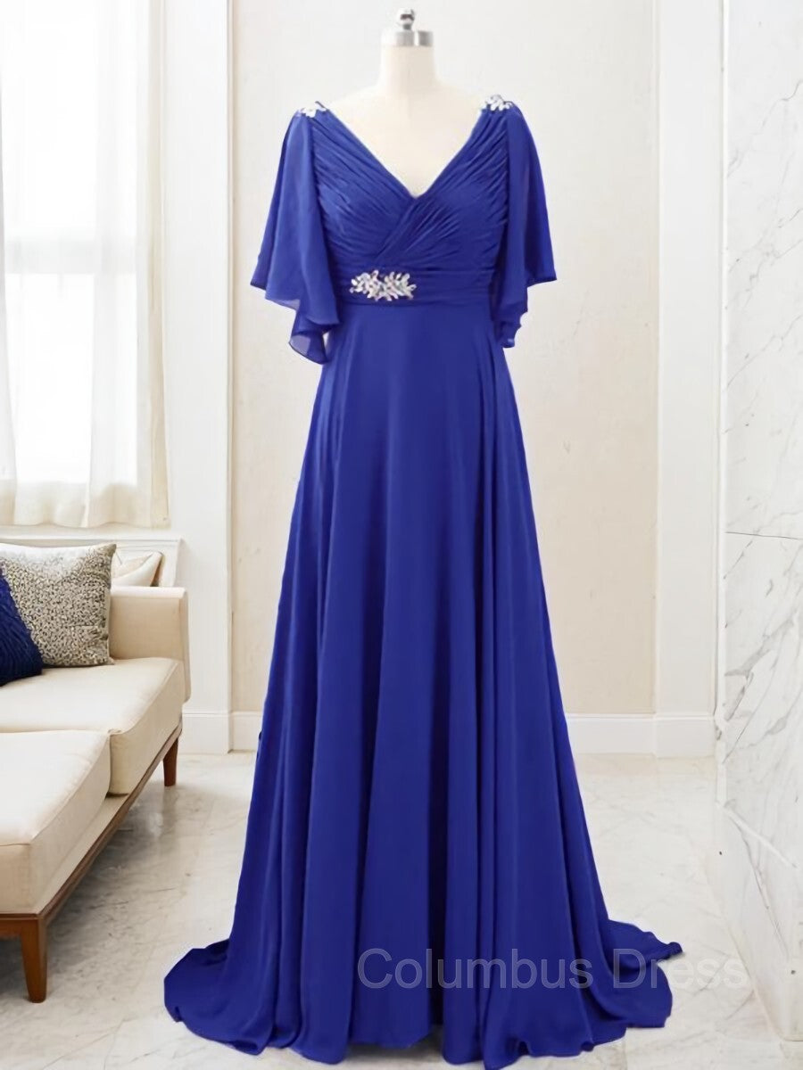 Homecoming Dress Simple, A-Line/Princess V-neck Sweep Train Chiffon Mother of the Bride Dresses With Beading