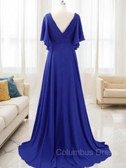 Homecoming Dresses Simple, A-Line/Princess V-neck Sweep Train Chiffon Mother of the Bride Dresses With Beading