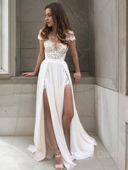 Weddings Dress Lace, A-Line/Princess V-neck Sweep Train Chiffon Wedding Dresses With Leg Slit