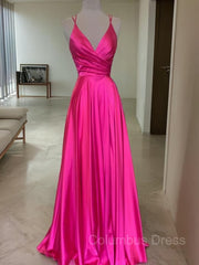 Elegant Dress, A-Line/Princess V-neck Sweep Train Elastic Woven Satin Prom Dresses