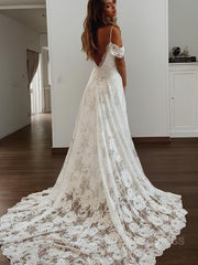 Wedding Dresses Under 10006, A-Line/Princess V-neck Sweep Train Lace Wedding Dresses With Leg Slit