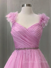 Prom Dress 2038, A-Line/Princess V-neck Sweep Train Organza Prom Dresses With Ruffles