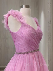 Prom Dresses Dresses, A-Line/Princess V-neck Sweep Train Organza Prom Dresses With Ruffles
