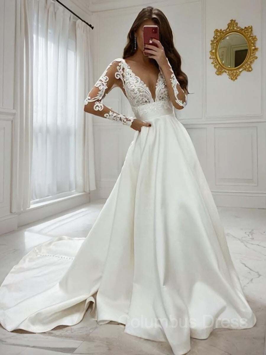 Wedding Dresse Long Sleeve, A-Line/Princess V-neck Sweep Train Satin Wedding Dresses