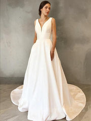 Wedding Dress For Large Bust, A-Line/Princess V-neck Sweep Train Satin Wedding Dresses