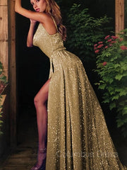 Stylish Outfit, A-Line/Princess V-neck Sweep Train Sequins Evening Dresses With Leg Slit