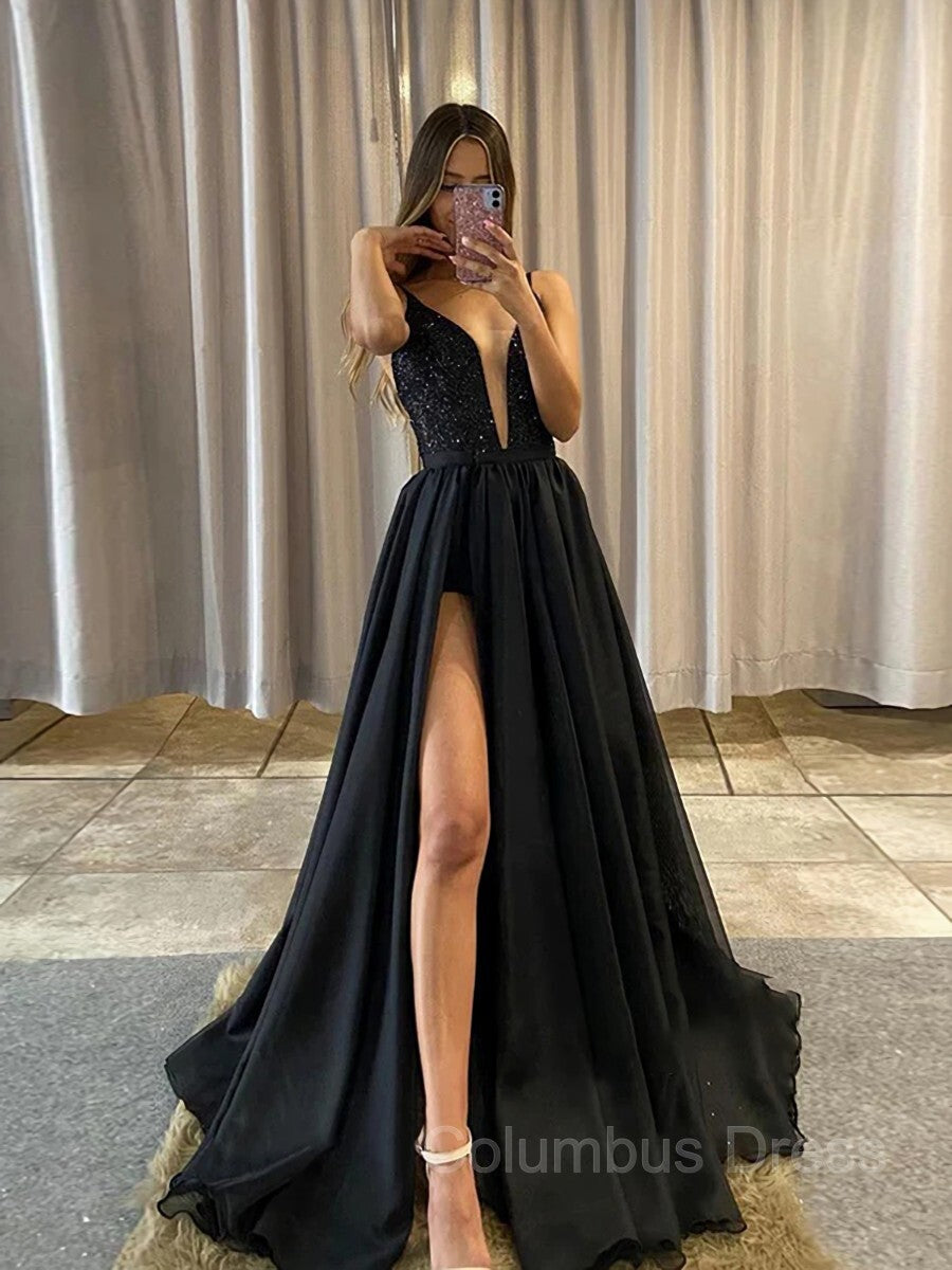 Party Dress Near Me, A-Line/Princess V-neck Sweep Train Sequins Prom Dresses With Leg Slit