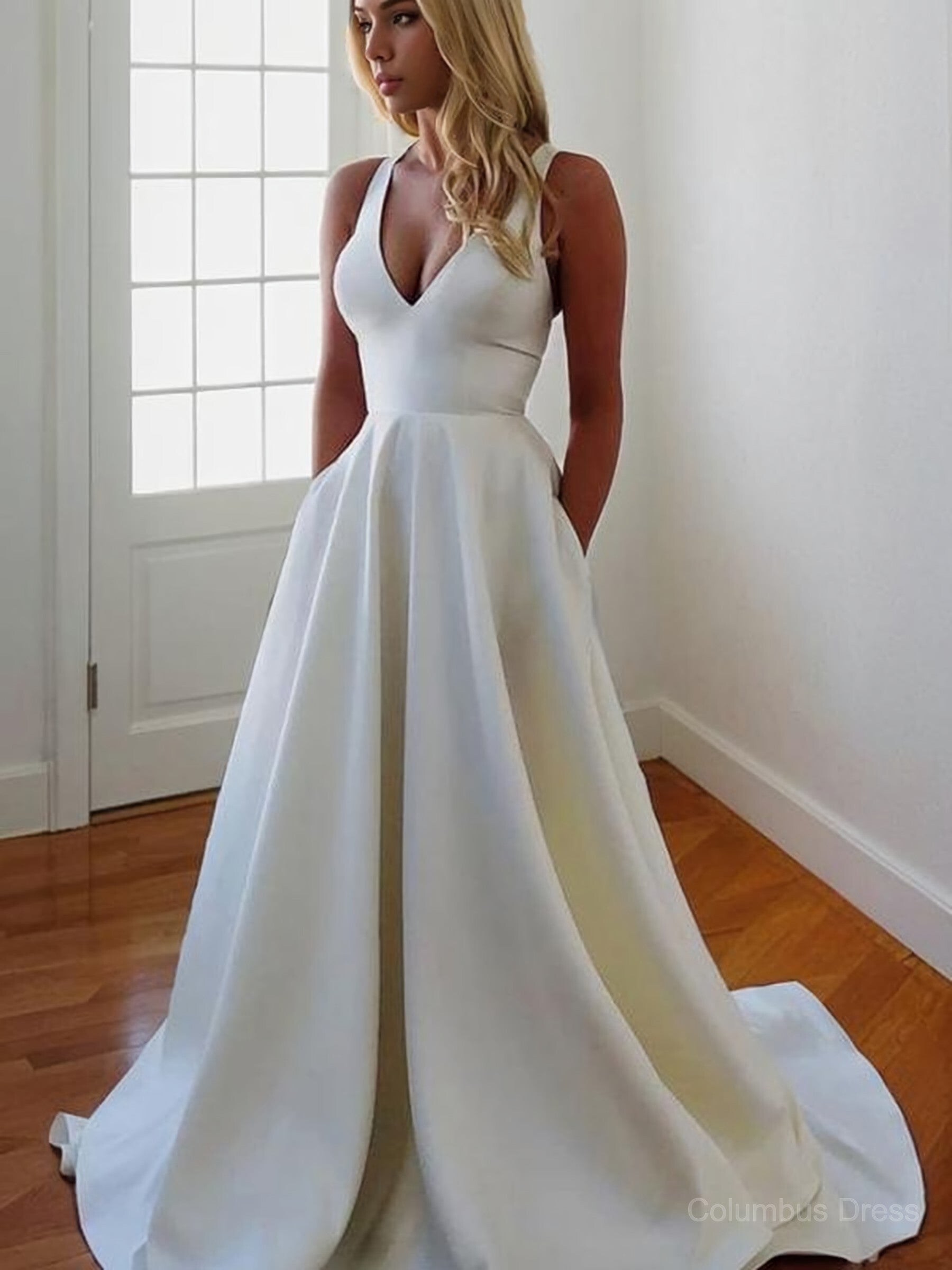 Wedding Dresses For Beach Weddings, A-Line/Princess V-neck Sweep Train Stretch Crepe Wedding Dresses