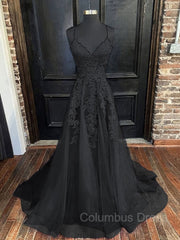Party Dresses With Sleeves, A-Line/Princess V-neck Sweep Train Tulle Evening Dresses With Appliques Lace