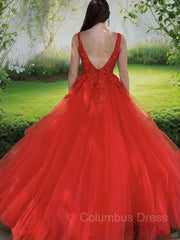 Dark Red Dress, A-Line/Princess V-neck Sweep Train Tulle Evening Dresses With Appliques Lace