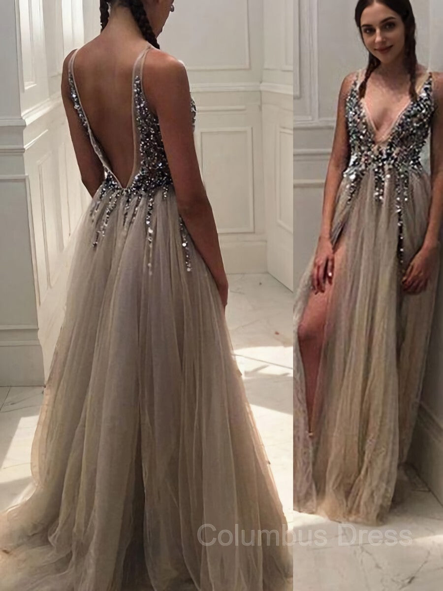 Prom Dresses For Curvy Figure, A-Line/Princess V-neck Sweep Train Tulle Evening Dresses With Rhinestone
