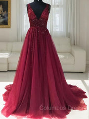 Prom Dresses With Shorts Underneath, A-Line/Princess V-neck Sweep Train Tulle Evening Dresses With Ruffles