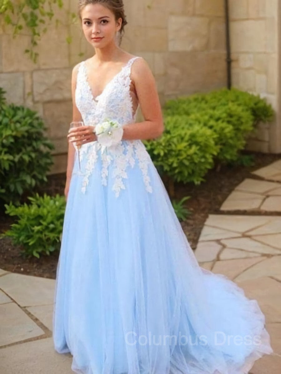 Party Dresse Idea, A-Line/Princess V-neck Sweep Train Tulle Prom Dresses With Appliques Lace