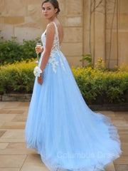 Party Dresses Idea, A-Line/Princess V-neck Sweep Train Tulle Prom Dresses With Appliques Lace
