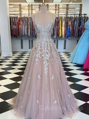 Satin Dress, A-Line/Princess V-neck Sweep Train Tulle Prom Dresses With Appliques Lace