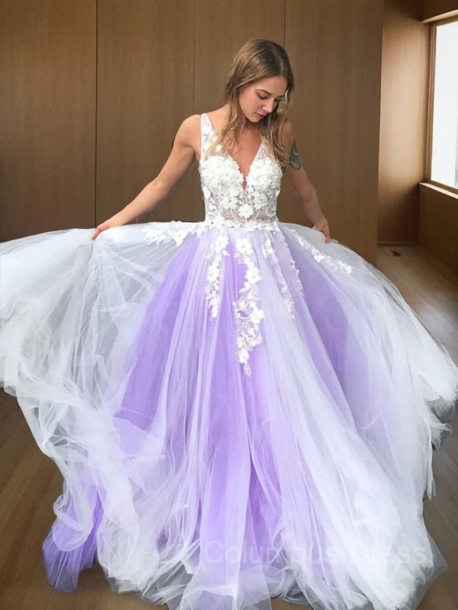 Homecoming Dress, A-Line/Princess V-neck Sweep Train Tulle Prom Dresses With Appliques Lace