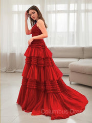 Dress Design, A-Line/Princess V-neck Sweep Train Tulle Prom Dresses With Leg Slit