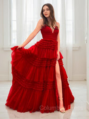 Couture Gown, A-Line/Princess V-neck Sweep Train Tulle Prom Dresses With Leg Slit