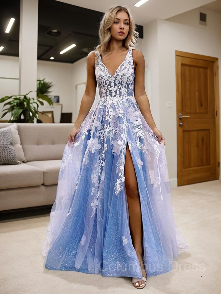 Prom Inspo, A-Line/Princess V-neck Sweep Train Tulle Prom Dresses With Leg Slit