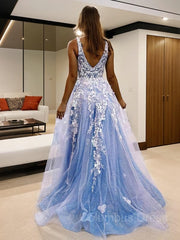 Debutant Dress, A-Line/Princess V-neck Sweep Train Tulle Prom Dresses With Leg Slit