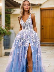 Royal Dress, A-Line/Princess V-neck Sweep Train Tulle Prom Dresses With Leg Slit