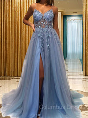 Party Dress Style, A-Line/Princess V-neck Sweep Train Tulle Prom Dresses With Leg Slit