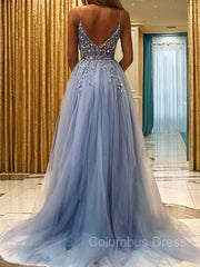 Party Dresses Style, A-Line/Princess V-neck Sweep Train Tulle Prom Dresses With Leg Slit