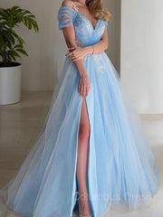 Purple Prom Dress, A-Line/Princess V-neck Sweep Train Tulle Prom Dresses With Leg Slit