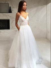 Wedding Dresses Short Bride, A-Line/Princess V-neck Floor-Length Tulle Wedding Dresses