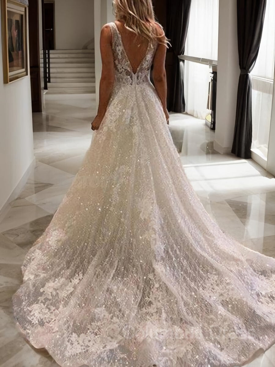 Wedding Dress Classy Elegant, A-Line/Princess V-neck Sweep Train Tulle Wedding Dresses With Appliques Lace