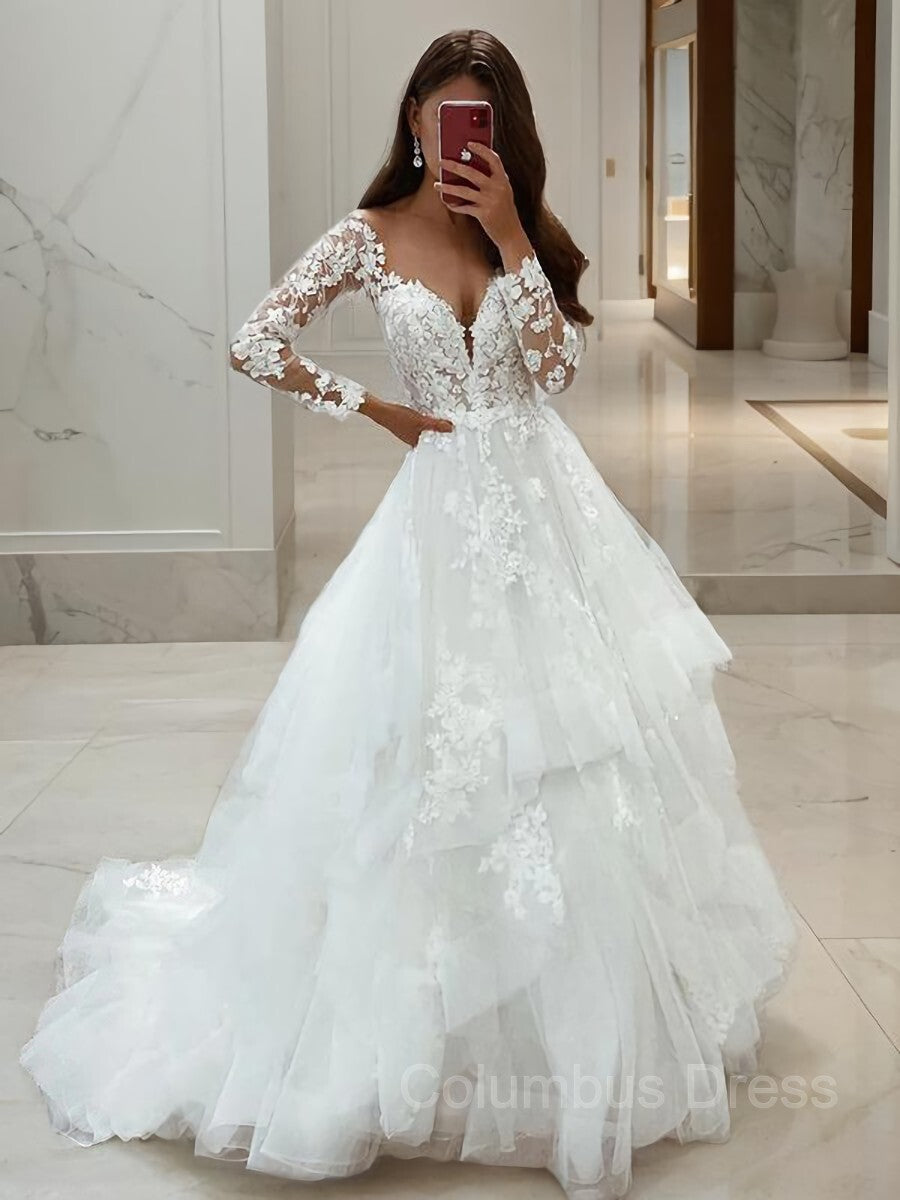Wedding Dresses Winter, A-Line/Princess V-neck Sweep Train Tulle Wedding Dresses With Appliques Lace