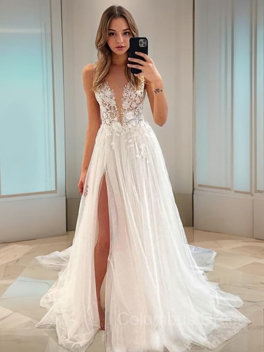 Wedding Dress Top, A-Line/Princess V-neck Sweep Train Tulle Wedding Dresses With Leg Slit